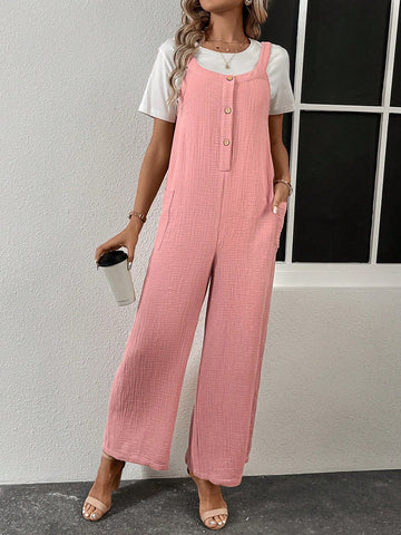 Ladies' Pocket & Side Buttoned Suspenders Jumpsuit