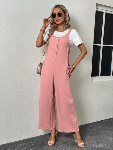 Ladies' Pocket & Side Buttoned Suspenders Jumpsuit