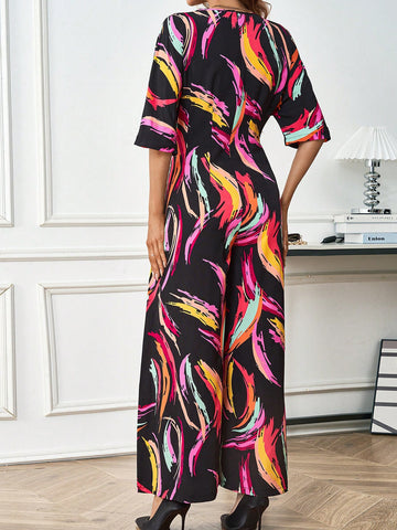Ladies' Printed Full-length Wide Leg Jumpsuit