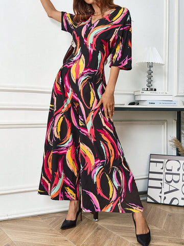 Ladies' Printed Full-length Wide Leg Jumpsuit