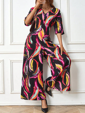 Ladies' Printed Full-length Wide Leg Jumpsuit