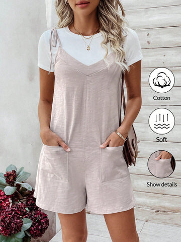 Ladies' Romper With Tie Front, Shoulder Straps And Pocket Detail