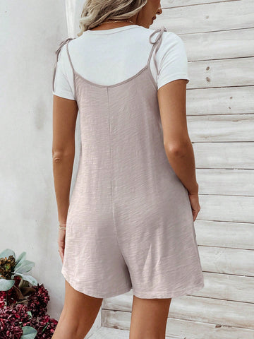 Ladies' Romper With Tie Front, Shoulder Straps And Pocket Detail