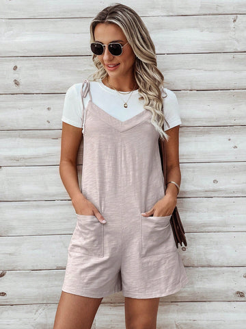 Ladies' Romper With Tie Front, Shoulder Straps And Pocket Detail