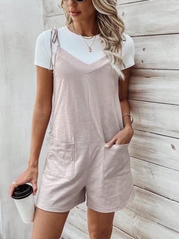 Ladies' Romper With Tie Front, Shoulder Straps And Pocket Detail