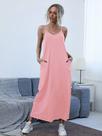 Ladies' Simple Solid Color Daily Spaghetti Strap Dress
