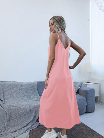 Ladies' Simple Solid Color Daily Spaghetti Strap Dress