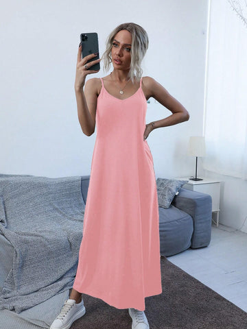 Ladies' Simple Solid Color Daily Spaghetti Strap Dress