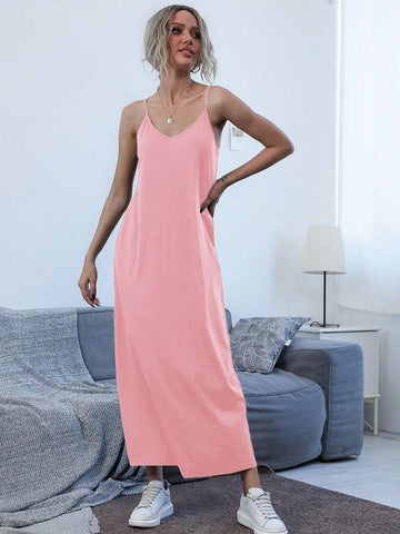 Ladies' Simple Solid Color Daily Spaghetti Strap Dress