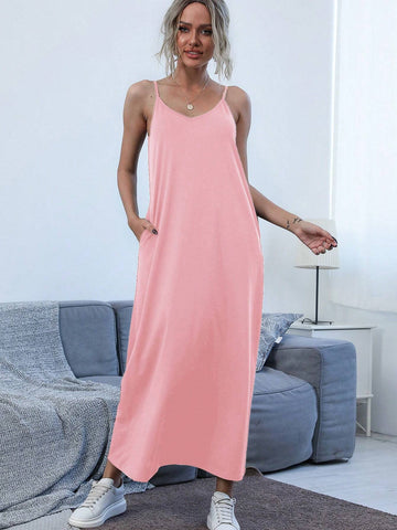 Ladies' Simple Solid Color Daily Spaghetti Strap Dress