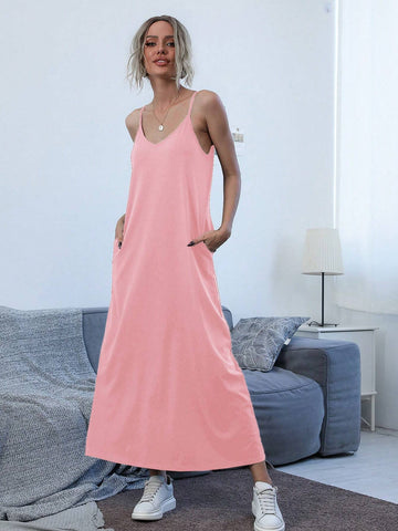 Ladies' Simple Solid Color Daily Spaghetti Strap Dress
