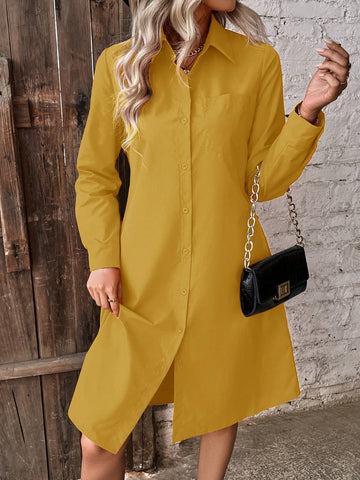 Ladies Solid Color Button Front Shirt Dress