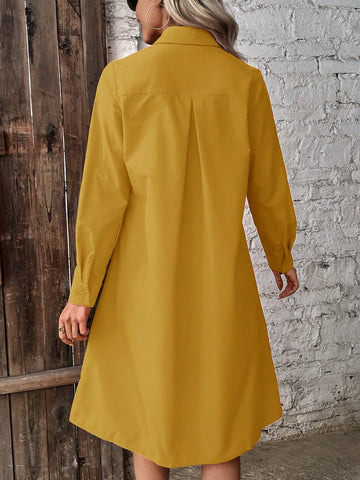 Ladies Solid Color Button Front Shirt Dress