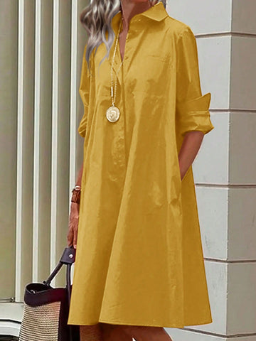 Ladies Solid Color Button Front Shirt Dress