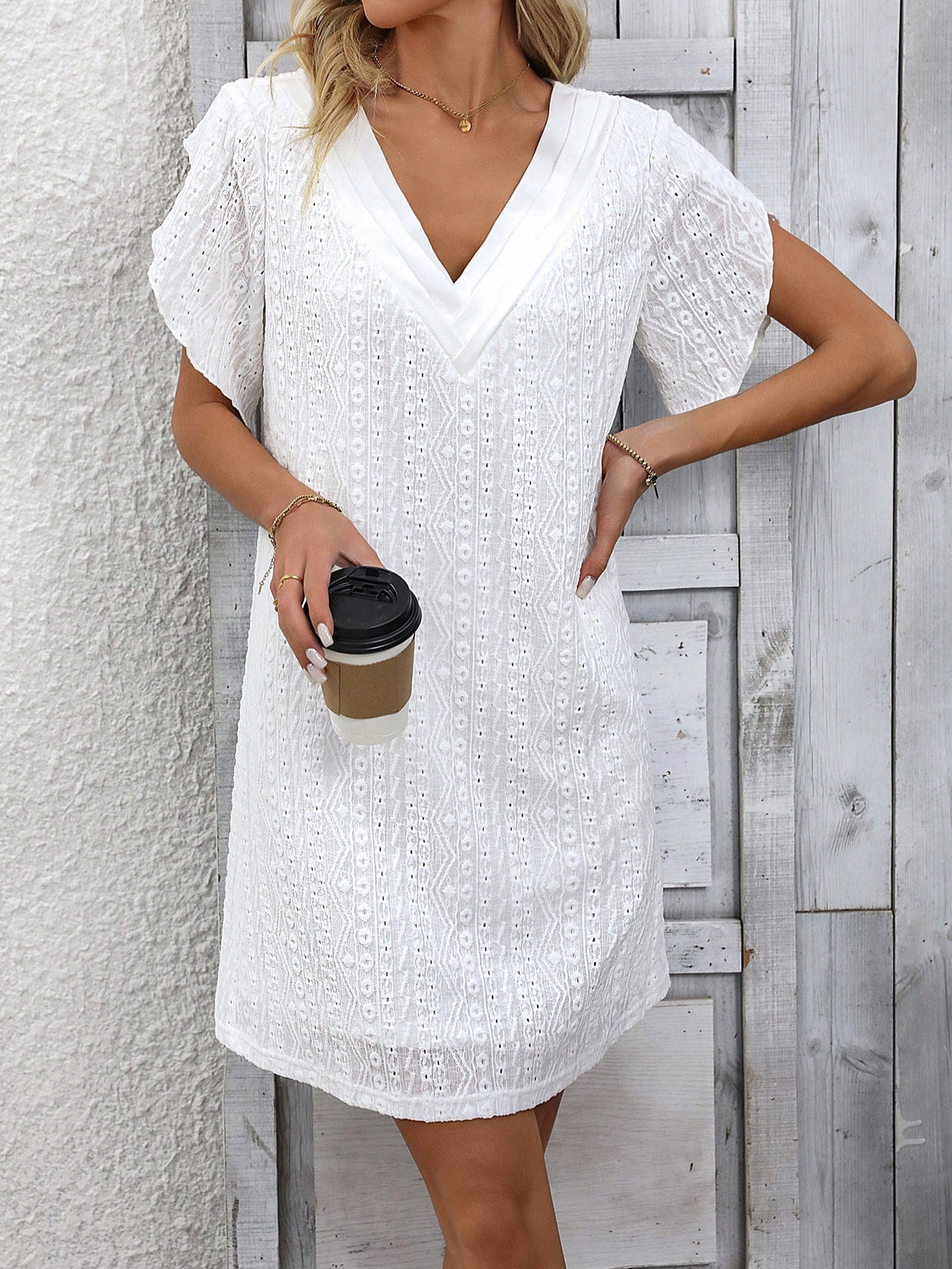 Ladies' Solid Color Hollow Out Embroidered Dress