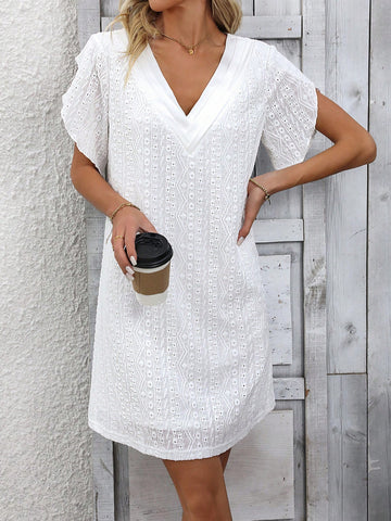 Ladies' Solid Color Hollow Out Embroidered Dress