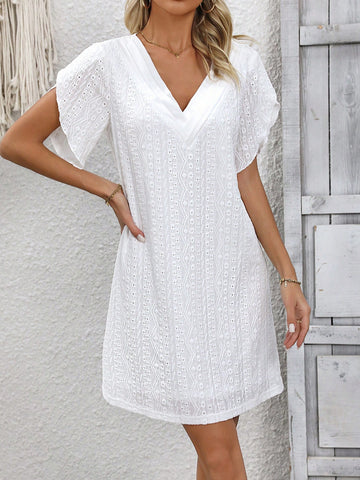 Ladies' Solid Color Hollow Out Embroidered Dress