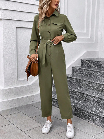 Ladies' Solid Color Jumpsuit With Waist Belt Design, Long Sleeve