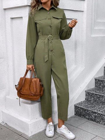 Ladies' Solid Color Jumpsuit With Waist Belt Design, Long Sleeve