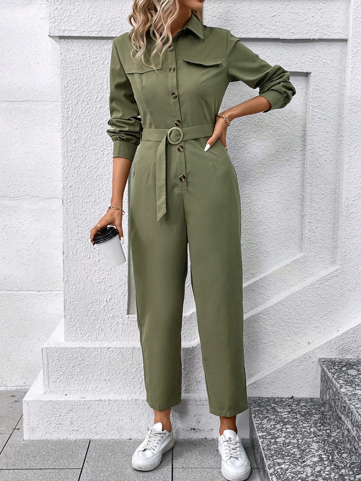 Ladies' Solid Color Jumpsuit With Waist Belt Design, Long Sleeve