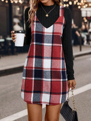Plaid Print Overall Dress & Tee