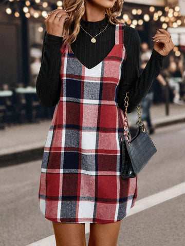 Plaid Print Overall Dress & Tee