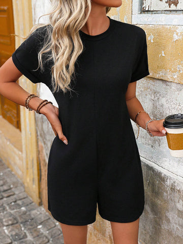 Ladies Solid Color Round Neck Loose Casual Short Sleeve Romper