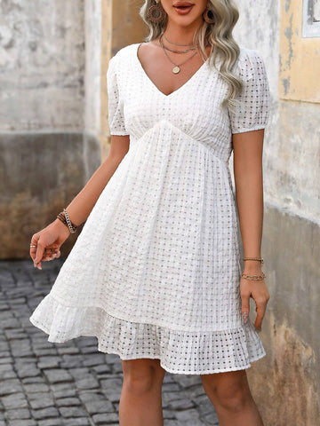 Ladies Solid Color Textured Hollow Out Back Strap Dress