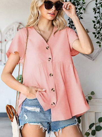 LUNE Ladies' Solid Color V-Neck Front Button Short-Sleeved Shirt For Summer