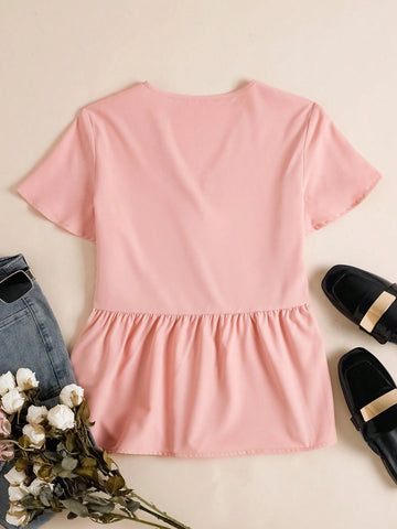 LUNE Ladies' Solid Color V-Neck Front Button Short-Sleeved Shirt For Summer