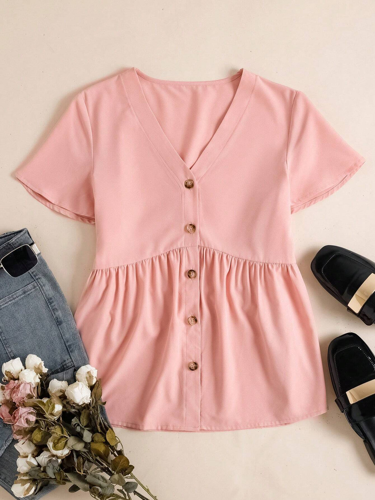 LUNE Ladies' Solid Color V-Neck Front Button Short-Sleeved Shirt For Summer