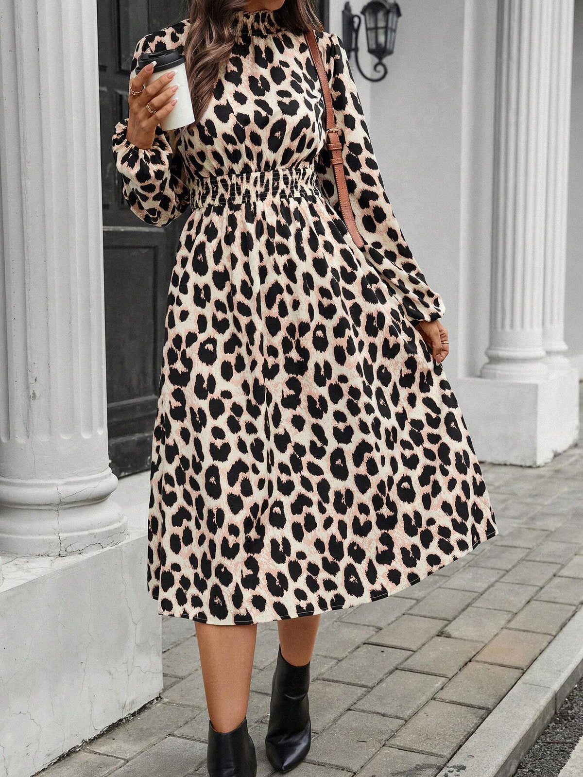 Ladies Stand Collar Long Sleeve Leopard Print Cinched Waist Casual Dress
