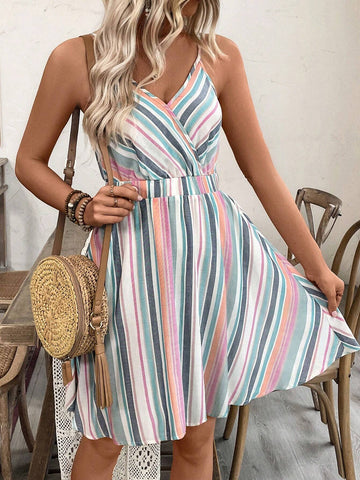 Ladies' Striped Cotton Linen Dress (Random Floral Pattern)