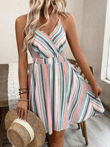 Ladies' Striped Cotton Linen Dress (Random Floral Pattern)
