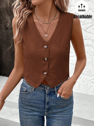 LUNE Ladies Summer Fashionable Breathable Minimalist Sleeveless Single-Breasted Blouse