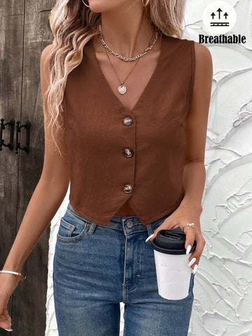 LUNE Ladies Summer Fashionable Breathable Minimalist Sleeveless Single-Breasted Blouse