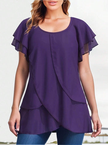 LUNE Ladies' Summer Purple Blouse With Ruffle Hem And Short Flounce Sleeves