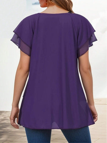 LUNE Ladies' Summer Purple Blouse With Ruffle Hem And Short Flounce Sleeves