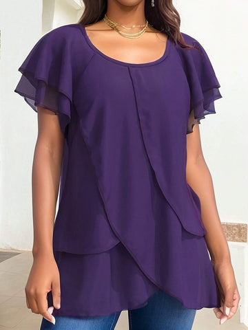 LUNE Ladies' Summer Purple Blouse With Ruffle Hem And Short Flounce Sleeves