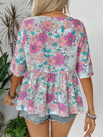 LUNE Ladies" Summer Round Neck Flower Pattern Printed Shirt