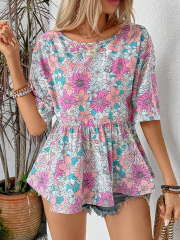 LUNE Ladies" Summer Round Neck Flower Pattern Printed Shirt