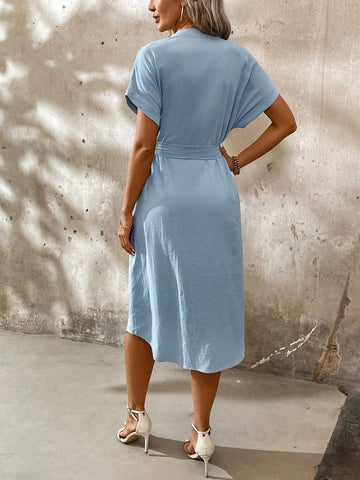 Ladies' Summer Solid Color Cotton And Linen Vacation Shirt Style Casual Dress