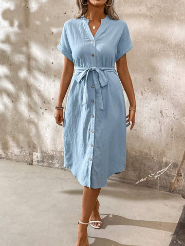 Ladies' Summer Solid Color Cotton And Linen Vacation Shirt Style Casual Dress