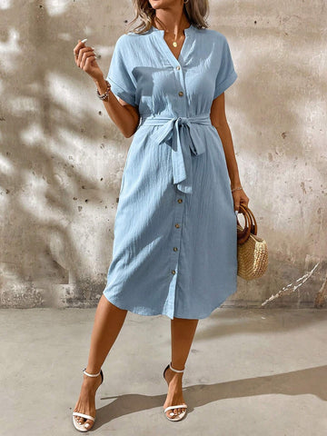 Ladies' Summer Solid Color Cotton And Linen Vacation Shirt Style Casual Dress
