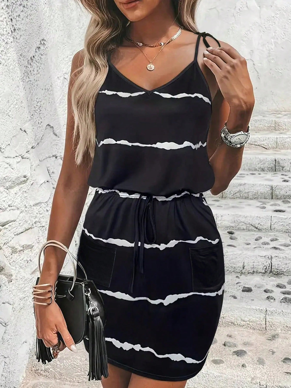 Ladies' Tie-Dye & Knotted Shoulder Strap Cami Dress