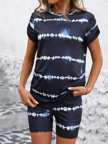 Ladies' Tie Dye Short Sleeve T-Shirt And Shorts Set With Round Neck