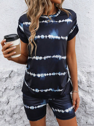 Ladies' Tie Dye Short Sleeve T-Shirt And Shorts Set With Round Neck