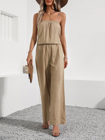 Ladies' Two Piece Set Consisting Of Apricot Spaghetti Strap Top And Pants For Summer