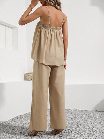 Ladies' Two Piece Set Consisting Of Apricot Spaghetti Strap Top And Pants For Summer