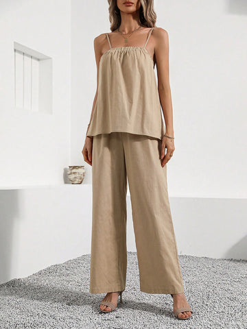 Ladies' Two Piece Set Consisting Of Apricot Spaghetti Strap Top And Pants For Summer